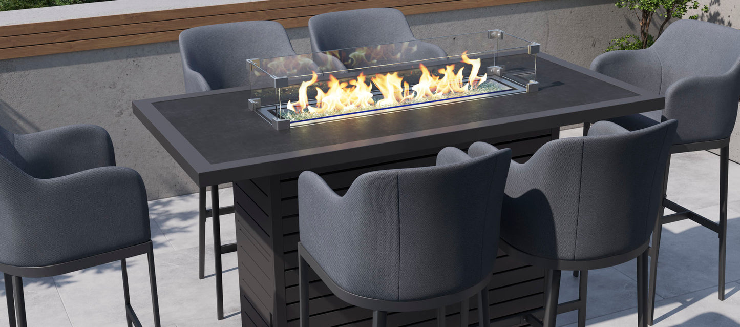 BIRKIN BAR TABLE 6G - 6 BAR STOOLS AND GAS FIRE PIT